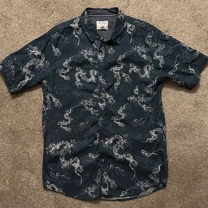 Navy Dragon Print Casual Button Down Shirt